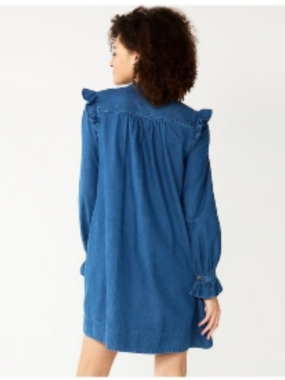 Blue Ruffle Front Long-Sleeve Dress - Picture 2 of 7
